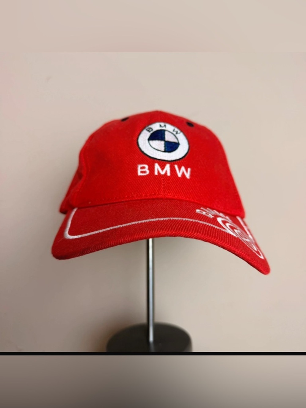 New-BMW Red Embroidered Logo Cap with White Accents Velcro adjustable back